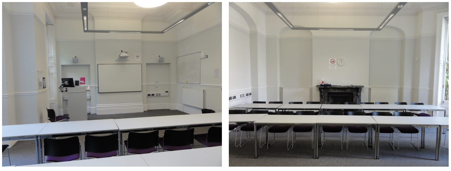 Rows of chairs and tables facing the teaching wall.